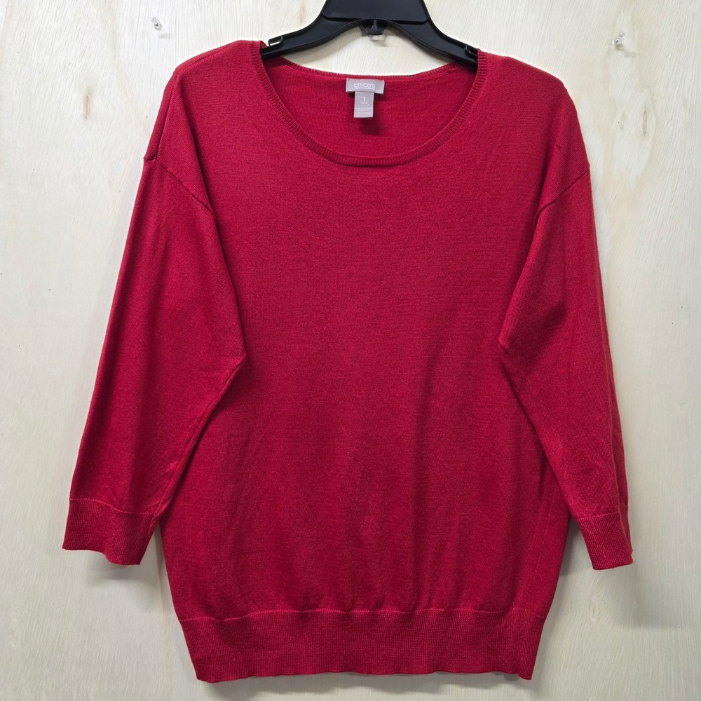 Chico's Red Scoop Neck 3/4 Sleeve Knit Pullover Sweater Size 1 Medium